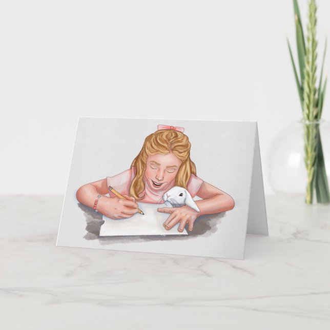 Geschriebene Mädchen mit Hauskaninchen, die Papier Dankeskarte (Vorderseite)