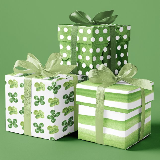 Geschwächtes Grün/Weiß Kleeblatt Set von 3 Geschenkpapier Set (Distressed Green/ White Shamrock Clovers set of 3 Wrapping Paper Sheets)