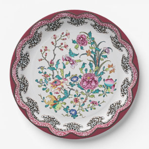 Geschweifte rosa Chinoiserie-Blüten Faux-China Pappteller