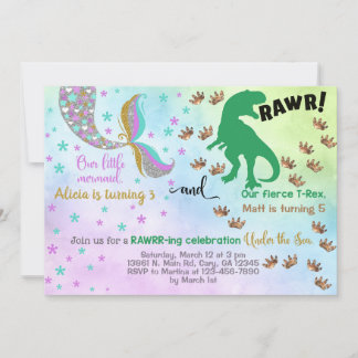 Geschwister Meerjungfrau und Dinosaurier Geburtsta Einladung