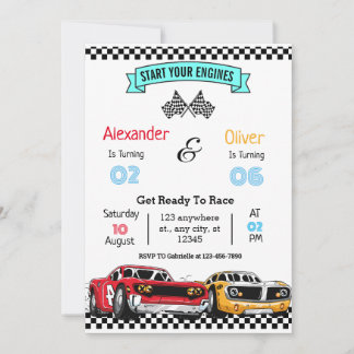Geschwister Retro Racing Car Geburtstag Einladung