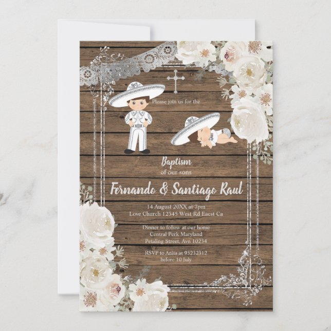 Geschwister Silberfiesta Boy Taufe Geburtstag Einladung (Vorderseite)