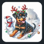 Geschworen Pup, Weihnachts-Magie! Quadratischer Aufkleber<br><div class="desc">Dieses Rentierspiel von Rottweiler ist auf dem richtigen Weg! Mit Anbetern und einem wackelnden Schwanz ist dieses Jungtier der Star des Weihnachtslustiges!</div>