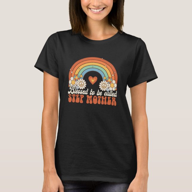 Gesegnet als Stepmutter Groovy Regenbogenmot T-Shirt (Vorderseite)