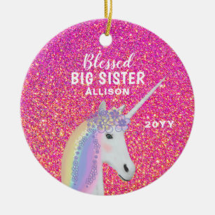 Gesegnet Big Sister Unicorn Rosa Glitzer Monogram Keramik Ornament