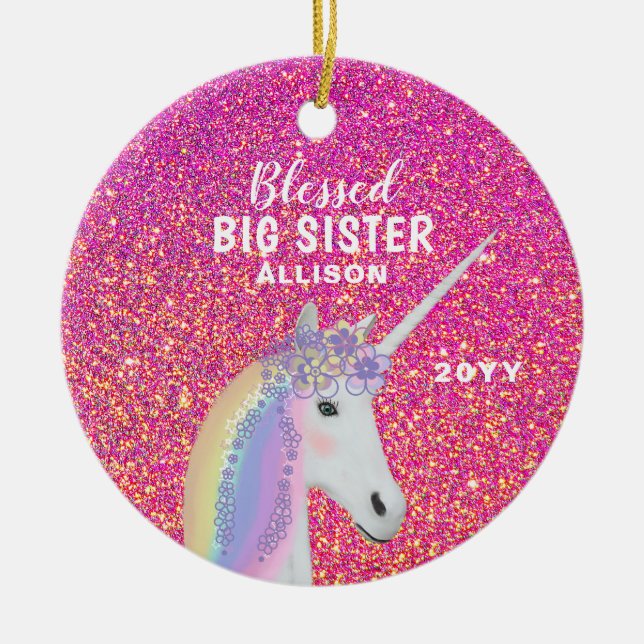 Gesegnet Big Sister Unicorn Rosa Glitzer Monogram Keramik Ornament (Vorne)