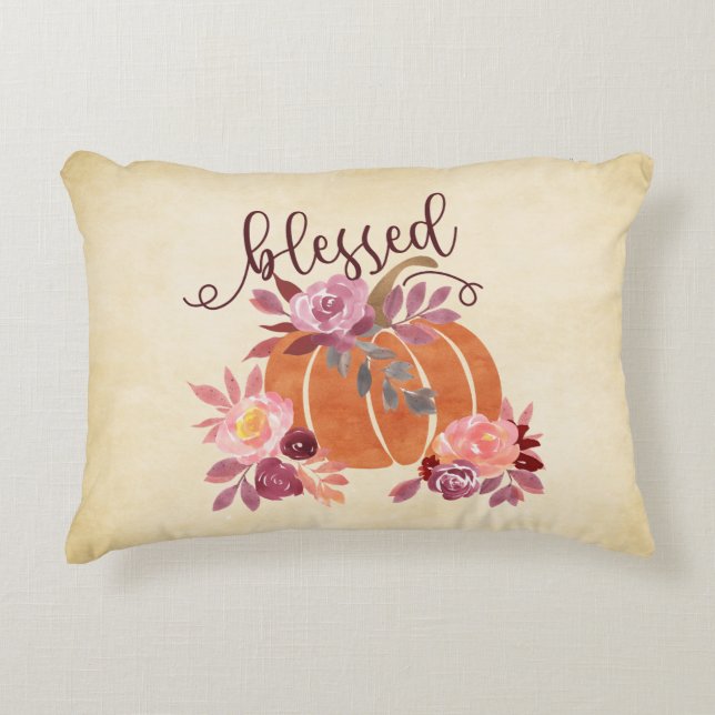 Gesegnet - Fall Pumpkin mit rosa Blume Dekokissen (Vorderseite)