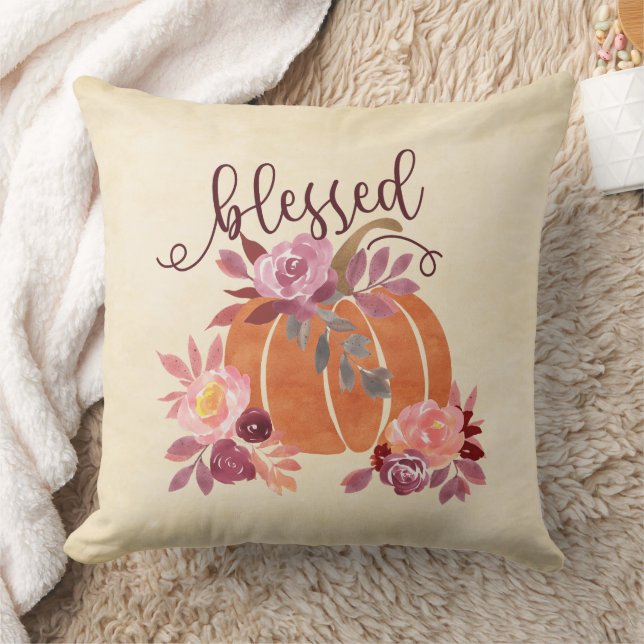 Gesegnet - Fall Pumpkin mit rosa Blume Kissen (Decke)