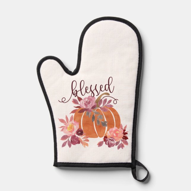 Gesegnet - Fall Pumpkin mit rosa Blume Ofenhandschuh (Vorderseite)