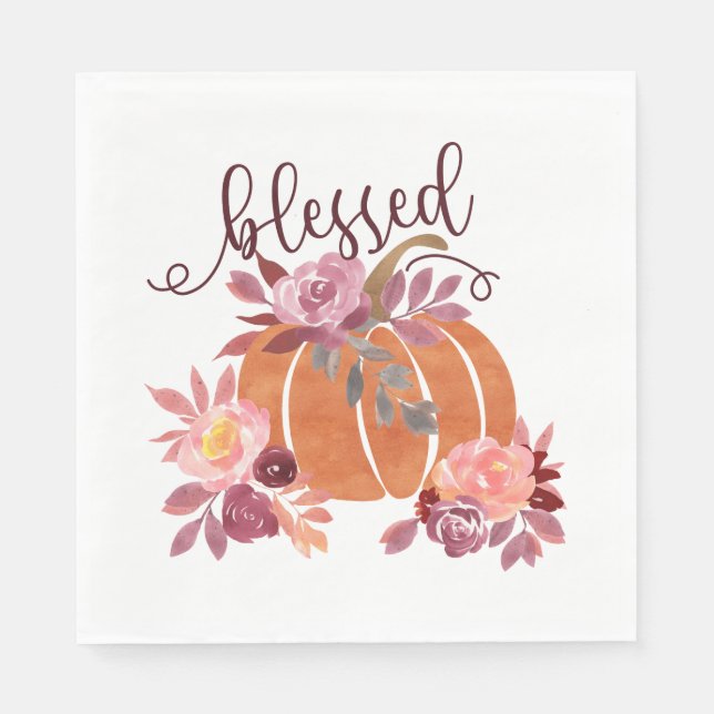 Gesegnet - Fall Pumpkin mit rosa Blume Serviette (Vorderseite)