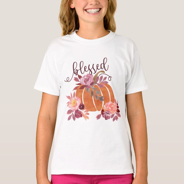 Gesegnet - Fall Pumpkin mit rosa Blume T-Shirt (Vorderseite)