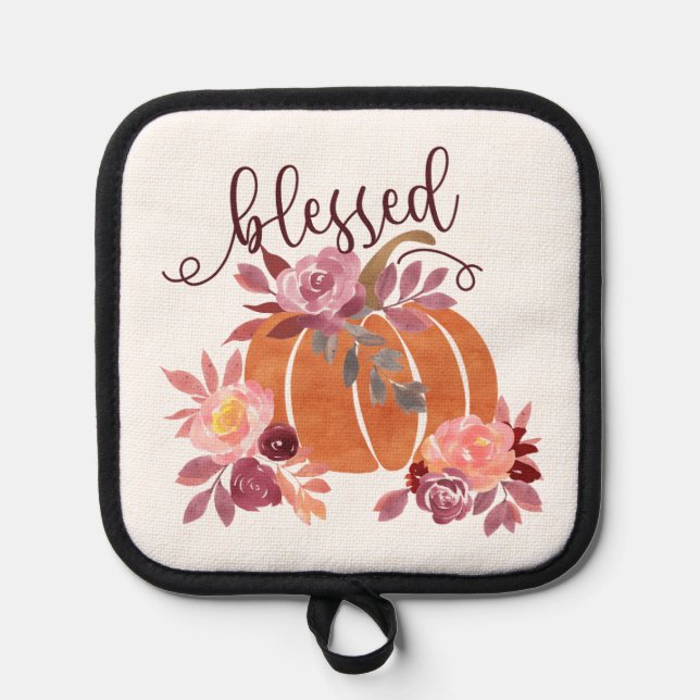 Gesegnet - Fall Pumpkin mit rosa Blume Topflappen (Vorderseite)