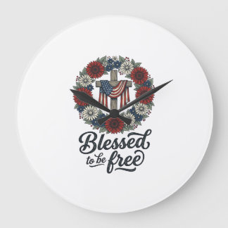 Gesegnet Frei Patriotisches Florales Kreuz Shirt_1 Große Wanduhr