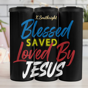Gesegnet Gerettet von Jesus Thermosbecher