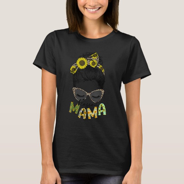 Gesegnet Mama Sunflower Leopard Glasses Messy Bun  T-Shirt (Vorderseite)