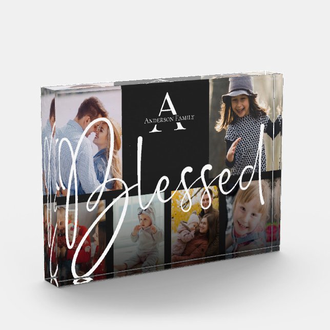 Gesegnete Familienname-Script Monogram-FotoCollage Fotoblock (Links)