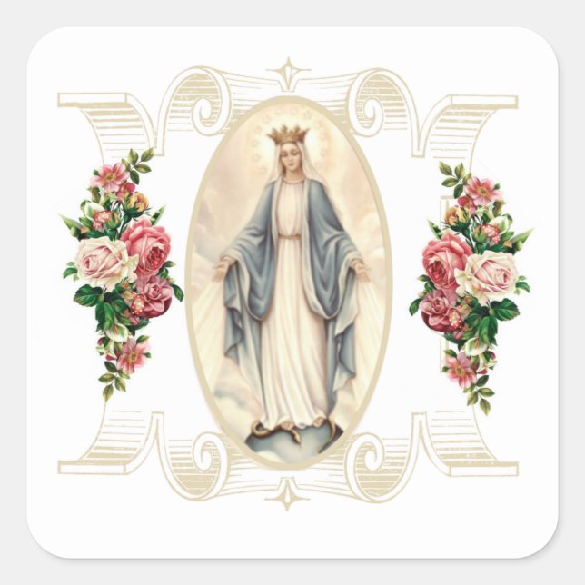 Gesegnete Jungfrau Mary Katholic Religious Floral Quadratischer Aufkleber (Vorderseite)
