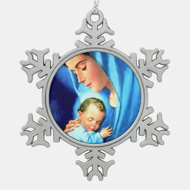 Gesegnete Jungfrau Mary mit dem Baby Jesus Schneeflocken Zinn-Ornament (Vorderseite)
