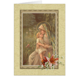 Gesegnete Mutter Mary mit Kind Jesus durch Fluss