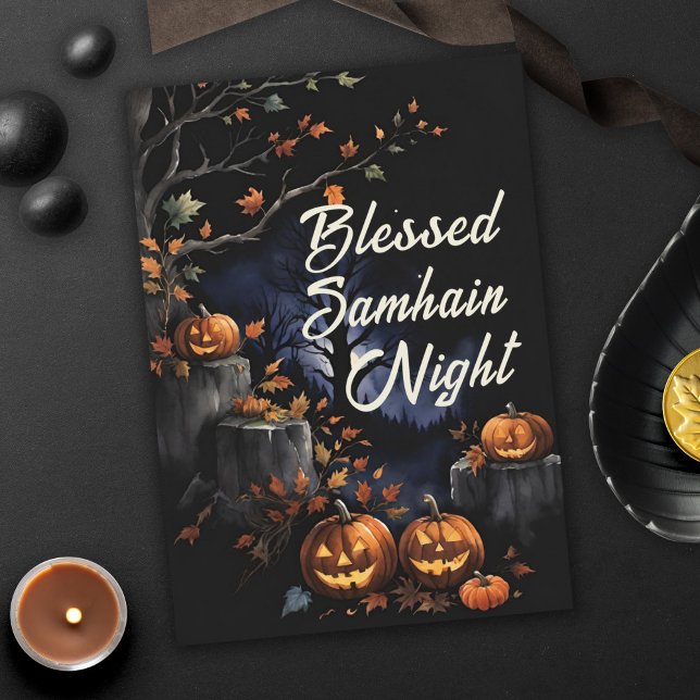Gesegnete Samhain Night Herbstlaubs & Pumpkins Karte (Blessed Samhain Night Fall Leaves & Pumpkins Halloween Greeting Card)
