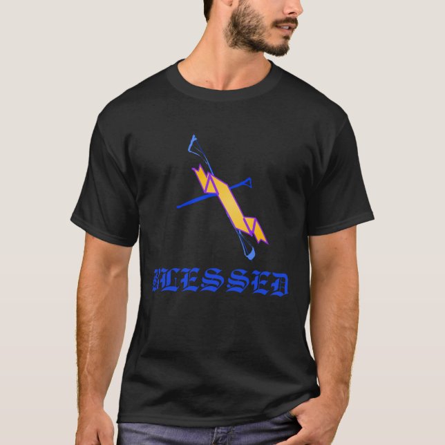 Gesegnetes blaues Kreuz und Gold-Sash T-Shirt (Vorderseite)