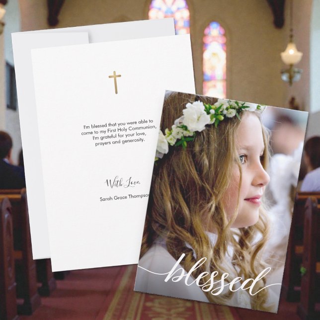 Gesegnetes Erste Heilige Kommune Foto Vielen Dank Dankeskarte (Blessed 1st holy communion, custom photo gold cross thank you message card.)