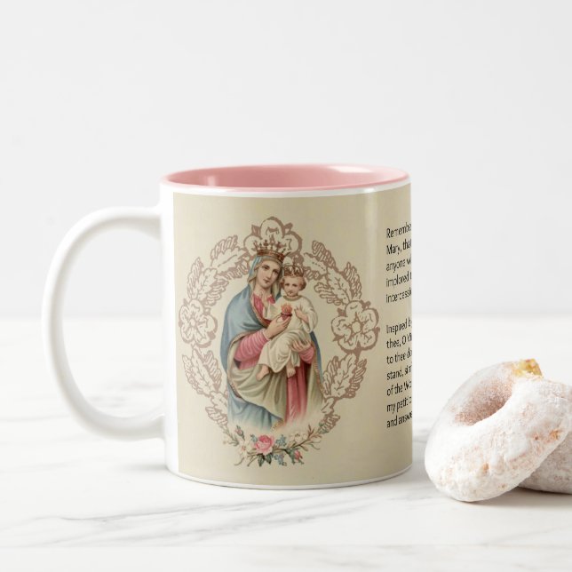 Gesegnetes Gebet Jungfrau-Marys Jesus Memorare Zweifarbige Tasse (Mit Donut)