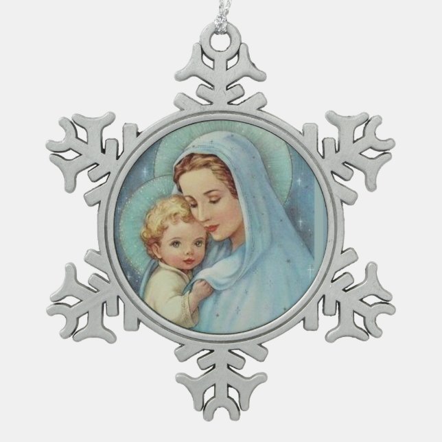 Gesegnetes Jungfrau-Mary-Mutter-Baby Jesus Schneeflocken Zinn-Ornament (Vorderseite)