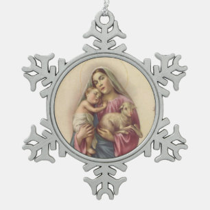 Gesegnetes Jungfrau-Mary-Mutter-Baby Jesus u. Lamm Schneeflocken Zinn-Ornament