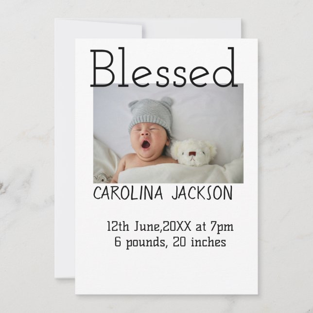 Gesegnetes neues geborenes Foto, moderne Geburtsan Ankündigung (Vorderseite)