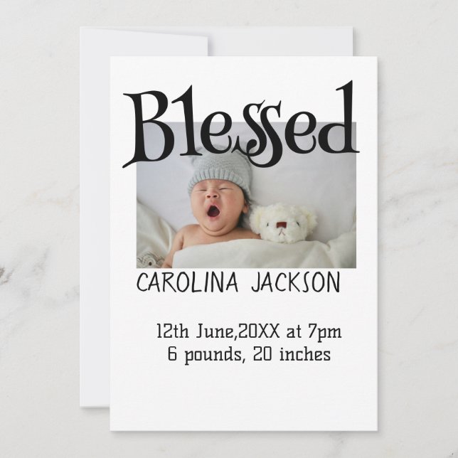 Gesegnetes neues geborenes Foto, moderne Geburtsan Einladung (Vorderseite)