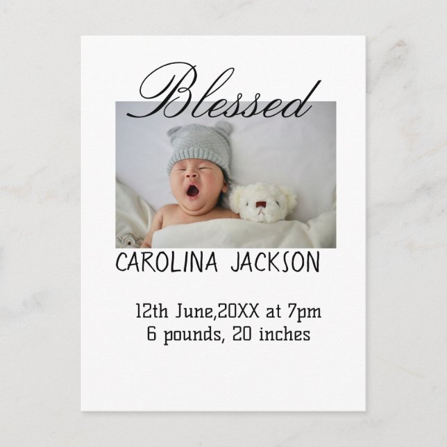 Gesegnetes neues geborenes Foto, moderne Geburtsan Postkarte (Vorderseite)