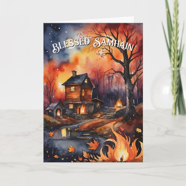 Gesegnetes Samhain Fall Fire Forest Blätter Sonnen Karte (Vorderseite)