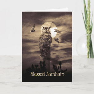 Gesegnetes Samhain mit Eule und Gedicht Karte