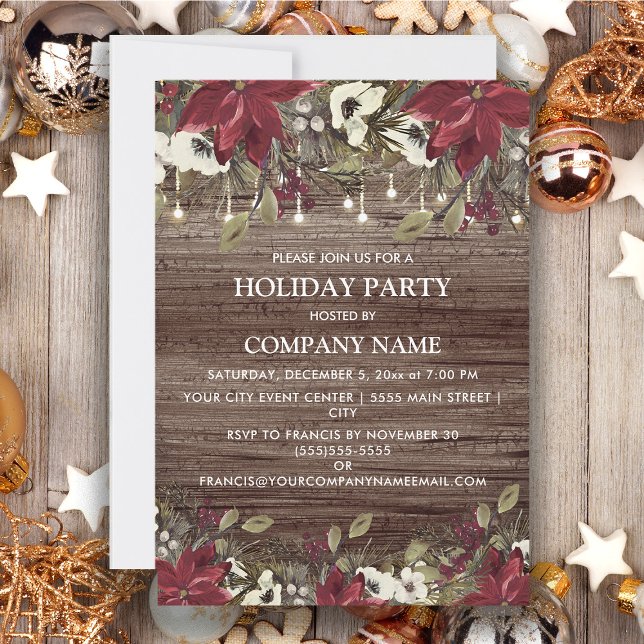 Gesellschaft Holiday Party Rustic Wood Red Poinset Einladung (Company Christmas/holiday party invitation)