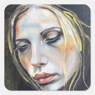 Gesicht der Traurigkeit, junge Dame Kunststicker Quadratischer Aufkleber