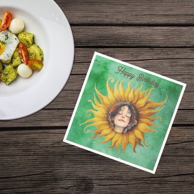 Gesicht eines friedlichen Mädchens Große gelbe Son Serviette (Girls face brown hair in middle of yellow fancy sunflower on green Birthday paper party napkins.)