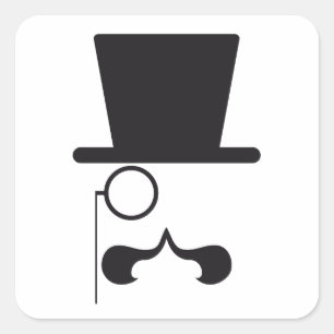 Gesicht mit Hut, dem Schnurrbart und Singlebrille Quadratischer Aufkleber