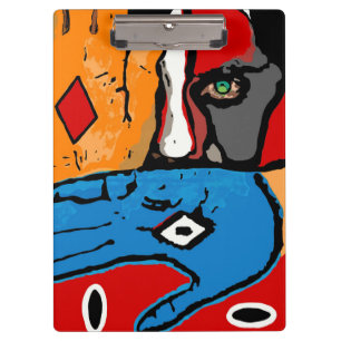 Gesicht und Hände im blauen und orange Klemmbrett