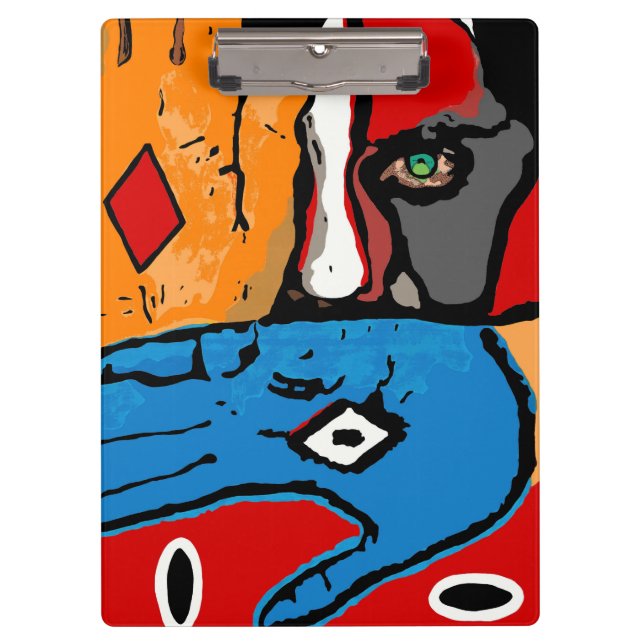 Gesicht und Hände im blauen und orange Klemmbrett (Vorderseite)
