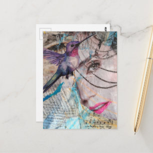 Gesicht und Kolibri Abstrakte Mixed-Media-Collage Postkarte