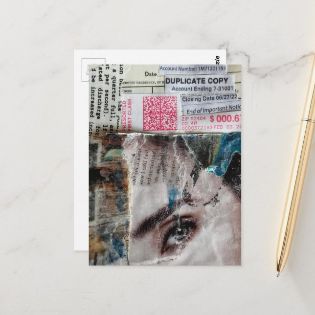 Gesicht und Rechnungen Abstrakte Mixed-Media-Colla Postkarte (Vorderseite/Rückseite Beispiel)