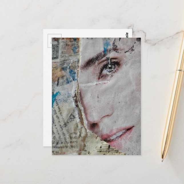Gesicht und Worte Abstrakte Mixed-Media-Collage Postkarte (Vorderseite/Rückseite Beispiel)
