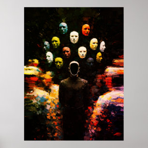 Gesichtslose Figur umgeben von maskierten Gesichte Poster