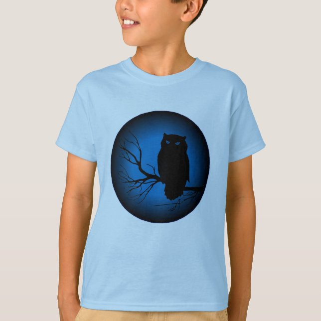 Gespenstische Eulen-blauer Mond T-Shirt (Vorderseite)