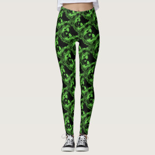 Gespenstische schwarze grüne Neonschädel Halloween Leggings