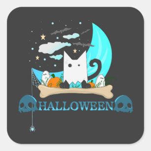 Gespielte Ghost Cat Haunts Halloween-Nacht Quadratischer Aufkleber