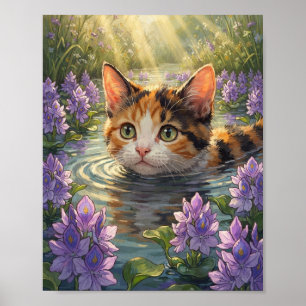 Gesprenkeltes Kätzchen schwimmt mit lila Hyazinthe Poster