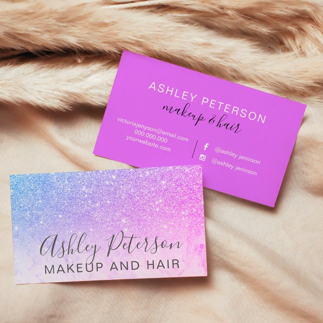 Gestalten Sie eleganten typografischen Marmor lila Visitenkarte (Makeup elegant typography marble purple glitter business card)