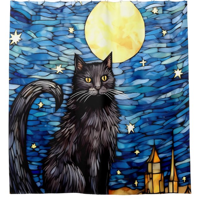Gestaltetes Glas Black Cat Starry Night Duschvorhang (Vorderseite)